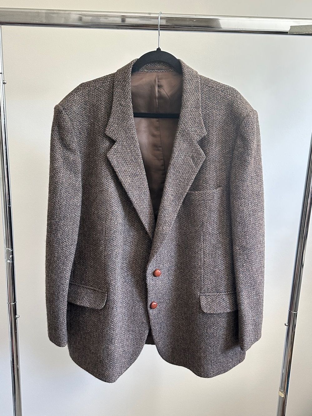 Vintage Serge Saint Yves Wool Tweed Blazer Made in Canada 46R Leather Buttons